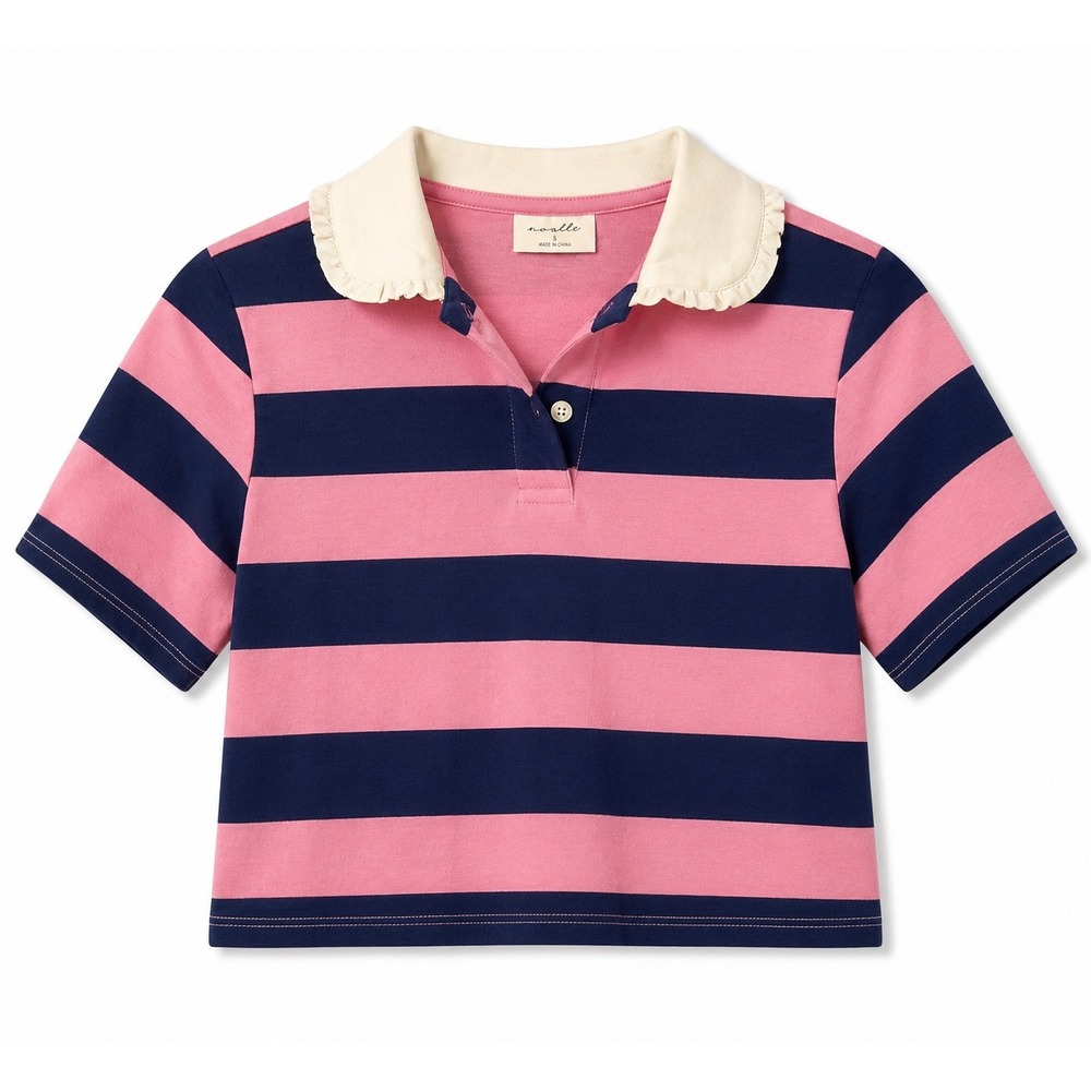 Owillo Striped Polo Shirt bWomens Small Pink Blue Cropped Ruffle Collar Cotton